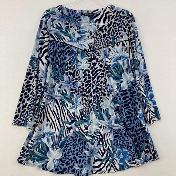 Ava & Grace size XL Blue Floral Animal Print Pintuck Stretch Knit 3/4 Sleeve Top - Picture 1 of 8
